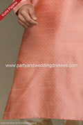 Designer Peach/Cream Color Jacquard Silk Brocade Fabric Mens Kurta Pajama PAWDAC1546