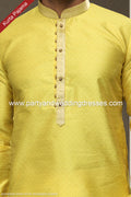 Designer Lemon Yellow/Cream Color Jacquard Silk Brocade Fabric Mens Kurta Pajama PAWDAC1547