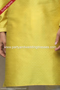 Designer Lemon Yellow/Cream Color Jacquard Silk Brocade Fabric Mens Kurta Pajama PAWDAC1547