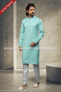Designer Firozi Green/Off-white Color Cotton Fabric Mens Kurta Pajama PAWDAC1605