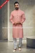 Designer Pink/Off-white Color Cotton Fabric Mens Kurta Pajama PAWDAC1621