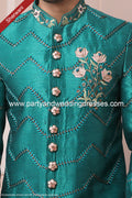 Designer Teal Green/Cream Color Printed Art Banarasi Silk Sherwani PAWDAC1656