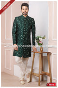 Designer Green/Cream Color Printed Art Banarasi Silk Sherwani PAWDAC1659