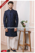 Designer Blue/Off-white Color Printed Art Banarasi Silk Sherwani PAWDAC1660