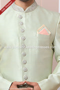 Designer Pista Green/Cream Color Banarasi Art Silk Mens Indo Western PAWDAC1663