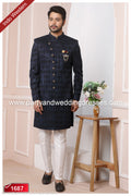 Designer Blue/Off-white Color Velvet Jacquard Silk Mens Indo Western PAWDAC1687