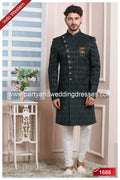 Designer Dark Green/Off-white Color Velvet Jacquard Silk Mens Indo Western PAWDAC1688