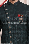 Designer Dark Green/Off-white Color Velvet Jacquard Silk Mens Indo Western PAWDAC1688