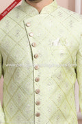 Designer Pista Green/Cream Color Art Silk Mens Indo Western PAWDAC1704