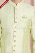 Designer Pista Green/Cream Color Art Silk Mens Indo Western PAWDAC1707