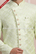 Designer Pista Green/Cream Color Art Silk Mens Indo Western PAWDAC1710