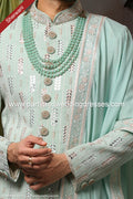 Designer Pista Green/Cream Color Georgette Fabric Mens Sherwani PAWDAC1722