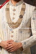 Designer Cream/Cream Color Georgette Fabric Mens Sherwani PAWDAC1724