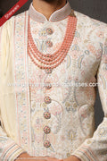 Designer Cream/Cream Color Georgette Fabric Mens Sherwani PAWDAC1725
