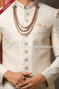 Designer Cream/Cream Color Art Silk Fabric Mens Sherwani PAWDAC1727