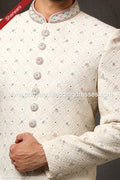 Designer Cream/Cream Color Georgette Fabric Mens Sherwani PAWDAC1732