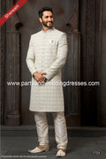 Designer Light Gray/Cream Color Art Silk Fabric Mens Sherwani PAWDAC1733