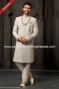 Designer Gray/Cream Color Art Silk Fabric Mens Sherwani PAWDAC1734