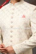 Designer Cream/Cream Color Art Silk Fabric Mens Sherwani PAWDAC1735
