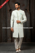 Designer Pista Green/Cream Color Georgette Fabric Mens Sherwani PAWDAC1742