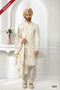 Designer Cream/Cream Color Art Silk Fabric Mens Sherwani with Stole PAWDAC1751