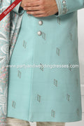 Designer Teal Blue/Cream Color Art Silk Fabric Mens Sherwani with Stole PAWDAC1752