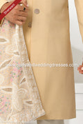Designer Beige/Cream Color Art Silk Fabric Mens Sherwani with Stole PAWDAC1753