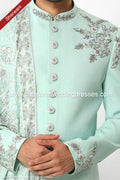 Designer Pista Green/Cream Color Art Silk Fabric Mens Sherwani with Stole PAWDAC1754