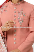 Designer Dark Peach/Cream Color Art Silk Fabric Mens Sherwani with Stole PAWDAC1755