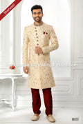 Designer Beige/Maroon Color Art Silk Fabric Mens Sherwani PAWDAC1768