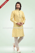 Designer Yellow/Cream Color Jacquard Banarasi Silk Fabric Mens Kurta Pajama PAWDAC1802