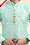 Designer Mint Green/Cream Color Jacquard Banarasi Silk Fabric Mens Kurta Pajama PAWDAC1803