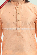 Designer Peach/Cream Color Jacquard Banarasi Silk Fabric Mens Kurta Pajama PAWDAC1804