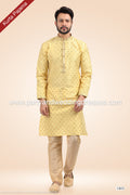 Designer Yellow/Gold Color Jacquard Banarasi Silk Fabric Mens Kurta Pajama PAWDAC1805