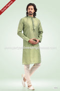 Designer Pista Green/Cream Color Jacquard Banarasi Silk Fabric Mens Kurta Pajama PAWDAC1810