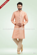 Designer Peach/Gold Color Jacquard Banarasi Silk Fabric Mens Kurta Pajama PAWDAC1814