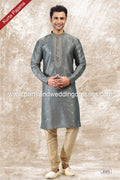 Designer Gray/Tusser Color Jacquard Brocade Silk Fabric Mens Kurta Pajama PAWDAC2005