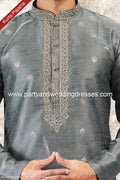 Designer Gray/Tusser Color Jacquard Brocade Silk Fabric Mens Kurta Pajama PAWDAC2005