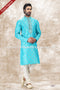 Designer Blue/Cream Color Jacquard Brocade Silk Fabric Mens Kurta Pajama PAWDAC2007