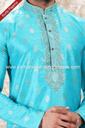 Designer Blue/Cream Color Jacquard Brocade Silk Fabric Mens Kurta Pajama PAWDAC2007