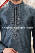 Designer Gray/Black Color Jacquard Brocade Silk Fabric Mens Kurta Pajama PAWDAC2015