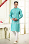 Designer Teal Green/Cream Color Jacquard Banarasi Silk Fabric Mens Kurta Pajama PAWDAC2022