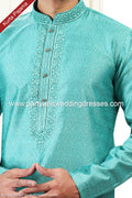 Designer Teal Green/Cream Color Jacquard Banarasi Silk Fabric Mens Kurta Pajama PAWDAC2022