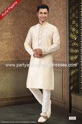Designer Cream/Cream Color Jacquard Banarasi Silk Fabric Mens Kurta Pajama PAWDAC2030