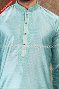 Designer Firozi Blue/Cream Color Jacquard Banarasi Silk Fabric Mens Kurta Pajama PAWDAC2031