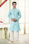 Designer Sky Blue/Cream Color Jacquard Art Silk Fabric Mens Kurta Pajama PAWDAC2034
