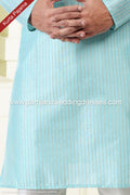Designer Sky Blue/Cream Color Jacquard Art Silk Fabric Mens Kurta Pajama PAWDAC2034