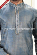 Designer Gray/Chikoo Color Jacquard Art Silk Fabric Mens Kurta Pajama PAWDAC2035