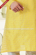 Designer Yellow/Cream Color Jacquard Art Silk Fabric Mens Kurta Pajama PAWDAC2038