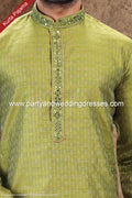 Designer Green/Gold Color Jacquard Art Silk Fabric Mens Kurta Pajama PAWDAC2039